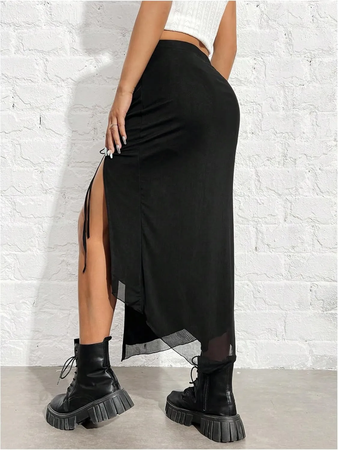 SHENHE Women's Sexy High Slit Skirt Drawstring Ruched Split Thigh Bodycon Long Skirt