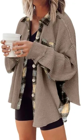 SHEWIN Womens Waffle Knit Plaid Shacket Boyfriend Button Down Shirt Jacket Loose Long Sleeve Tops