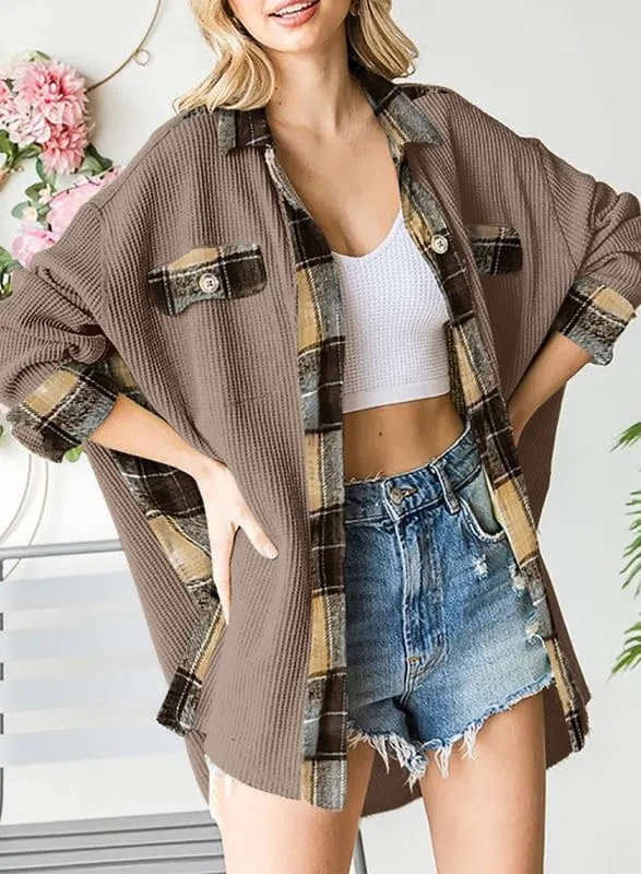 SHEWIN Womens Waffle Knit Plaid Shacket Boyfriend Button Down Shirt Jacket Loose Long Sleeve Tops