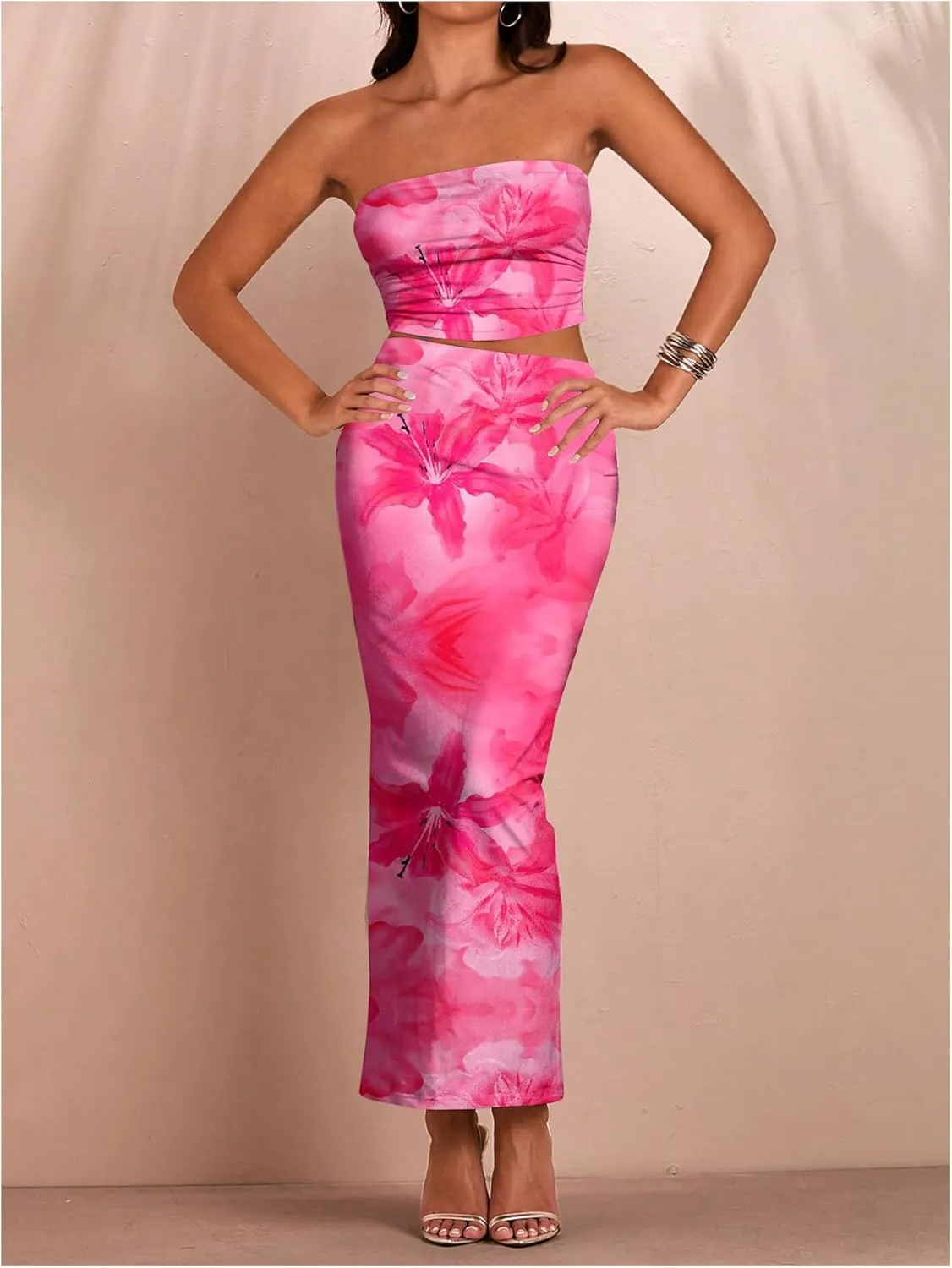 SOLY HUX Women's 2 Piece Skirt Sets Strapless Crop Tube Top Bodycon Maxi Skirt Summer Floral Outfits