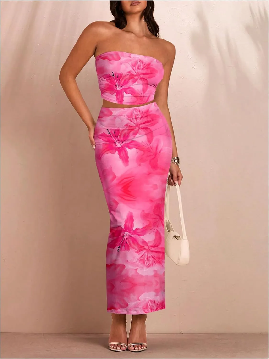 SOLY HUX Women's 2 Piece Skirt Sets Strapless Crop Tube Top Bodycon Maxi Skirt Summer Floral Outfits