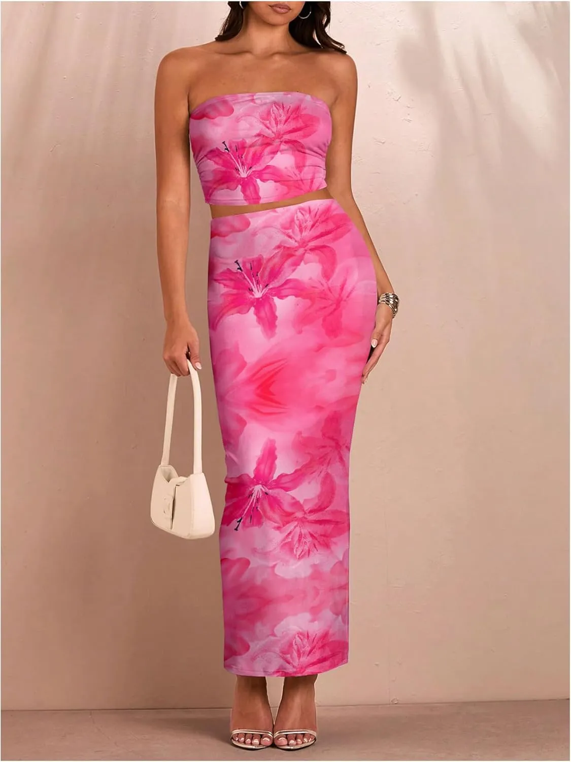 SOLY HUX Women's 2 Piece Skirt Sets Strapless Crop Tube Top Bodycon Maxi Skirt Summer Floral Outfits