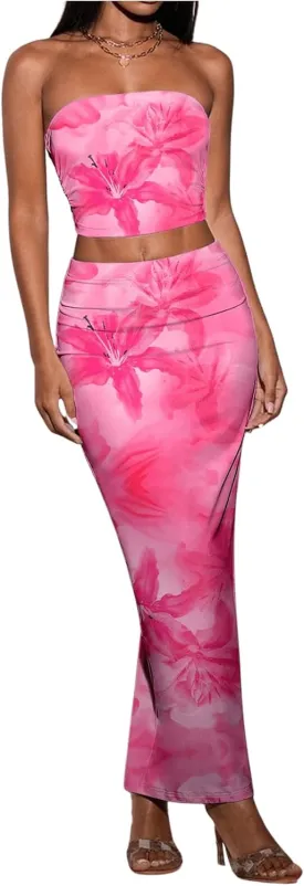 SOLY HUX Women's 2 Piece Skirt Sets Strapless Crop Tube Top Bodycon Maxi Skirt Summer Floral Outfits