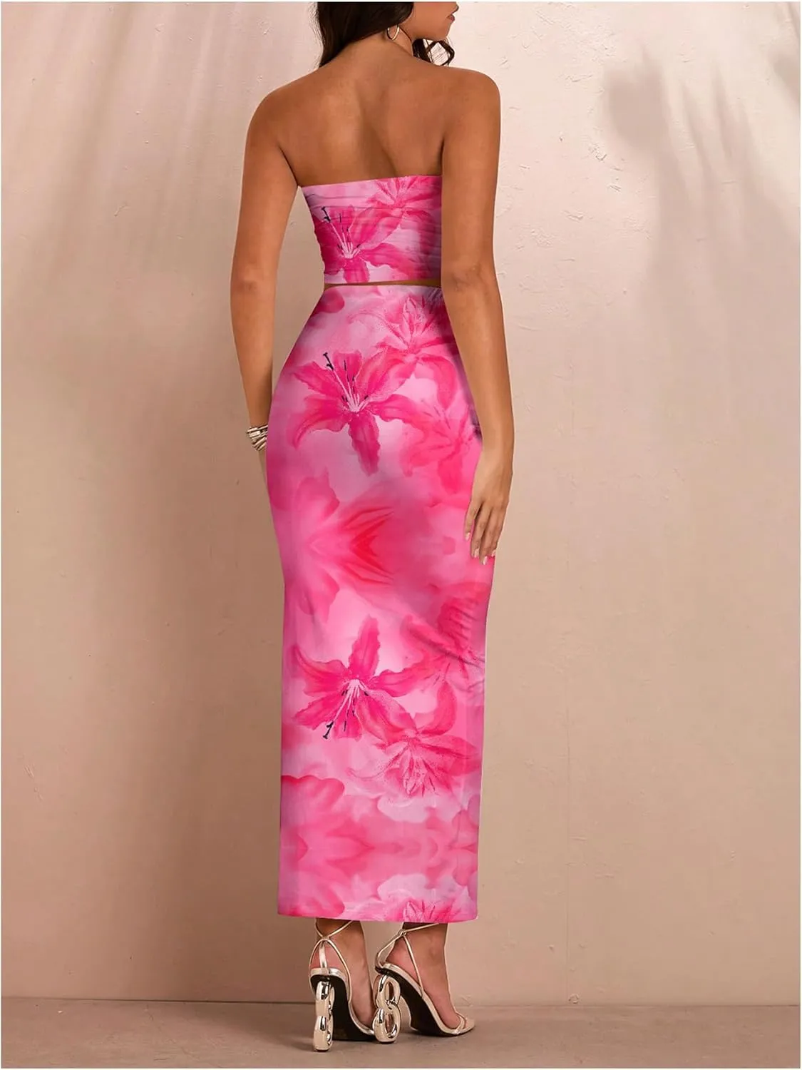 SOLY HUX Women's 2 Piece Skirt Sets Strapless Crop Tube Top Bodycon Maxi Skirt Summer Floral Outfits