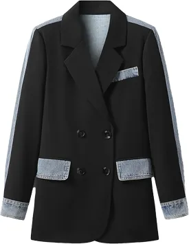 UIOKLMJH Women's Notched Collar Patchwork Denim Blazer Long Sleeve Suit Coat