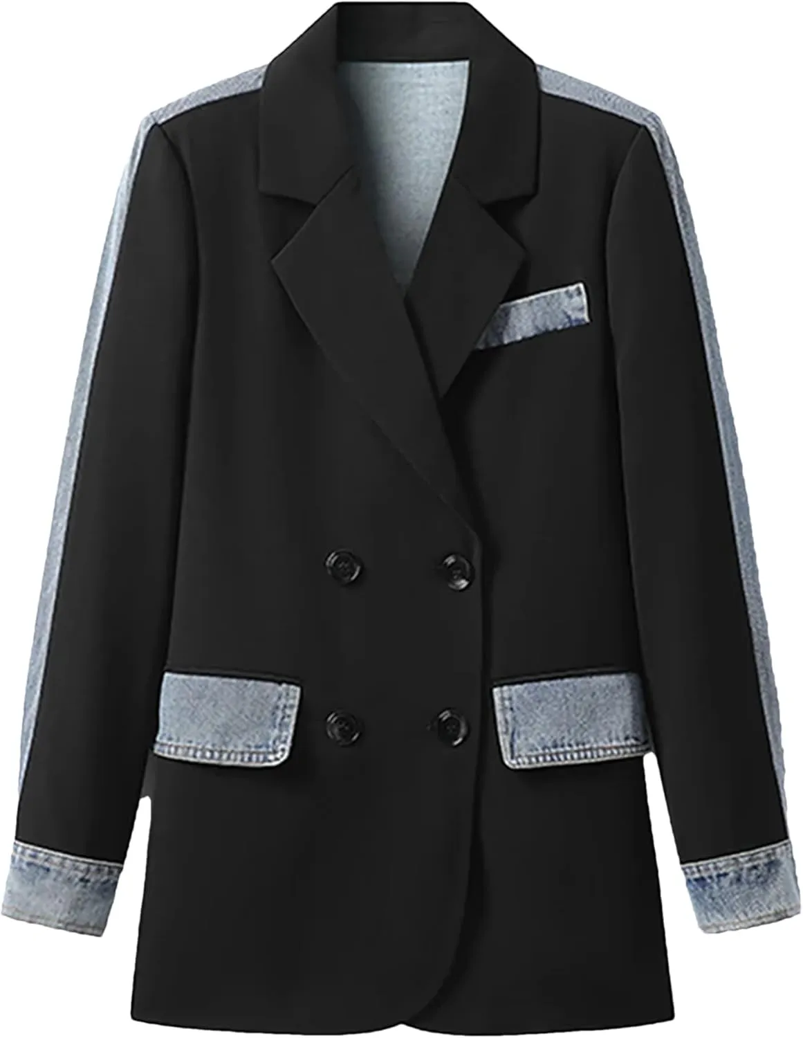UIOKLMJH Women's Notched Collar Patchwork Denim Blazer Long Sleeve Suit Coat