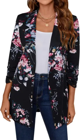 Unifizz Women Long Blazers for Business Casual 3/4 Sleeve Button Front Notch Lapel Lightweight Work Office Blazer Jackets