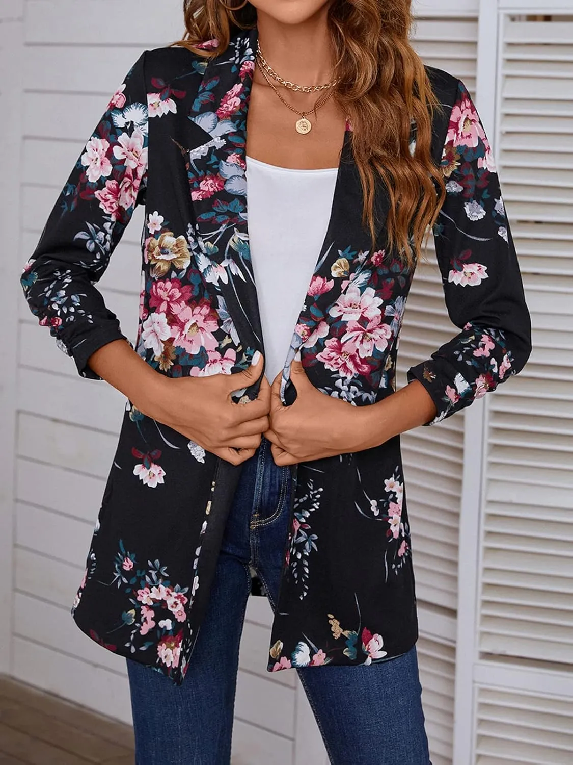 Unifizz Women Long Blazers for Business Casual 3/4 Sleeve Button Front Notch Lapel Lightweight Work Office Blazer Jackets