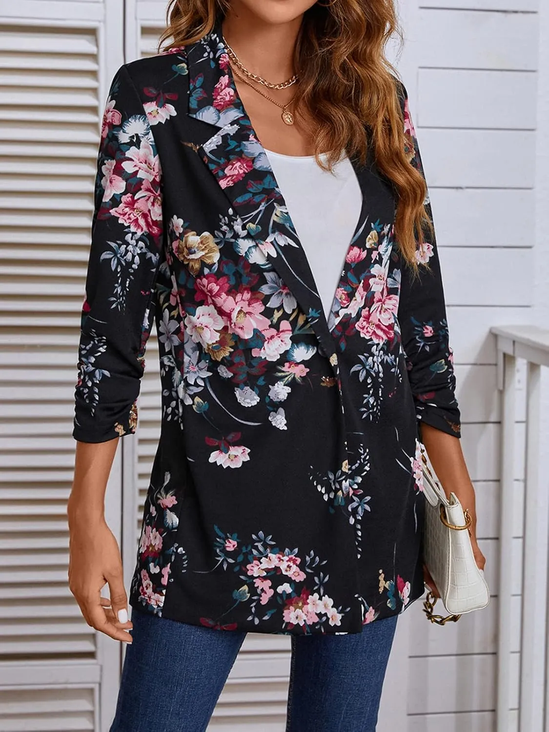 Unifizz Women Long Blazers for Business Casual 3/4 Sleeve Button Front Notch Lapel Lightweight Work Office Blazer Jackets
