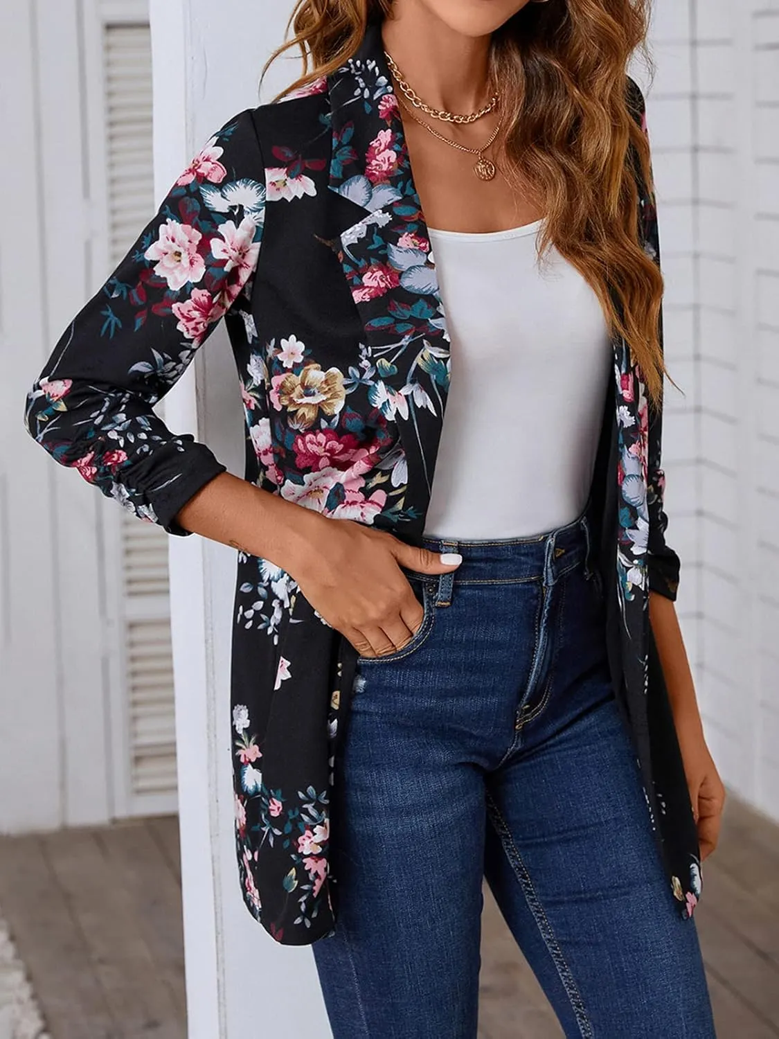 Unifizz Women Long Blazers for Business Casual 3/4 Sleeve Button Front Notch Lapel Lightweight Work Office Blazer Jackets