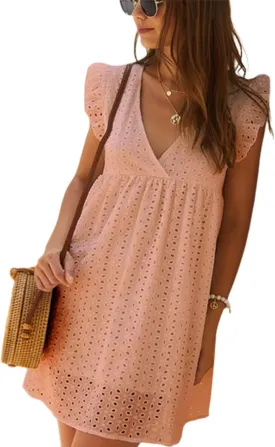 V-Neck Dress Romper with PocketsDress with Shorts Underneath,Eyelet Dress for Women,Ruffle Sleeve with Line