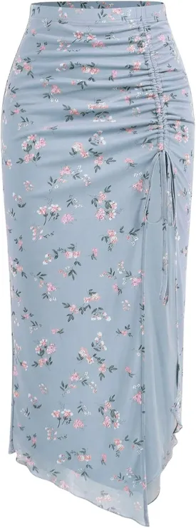 Verdusa Women's Floral High Waist Side Split Maxi Skirt Mesh Drawstring Bodycon Ruffle Hem Long Skirt