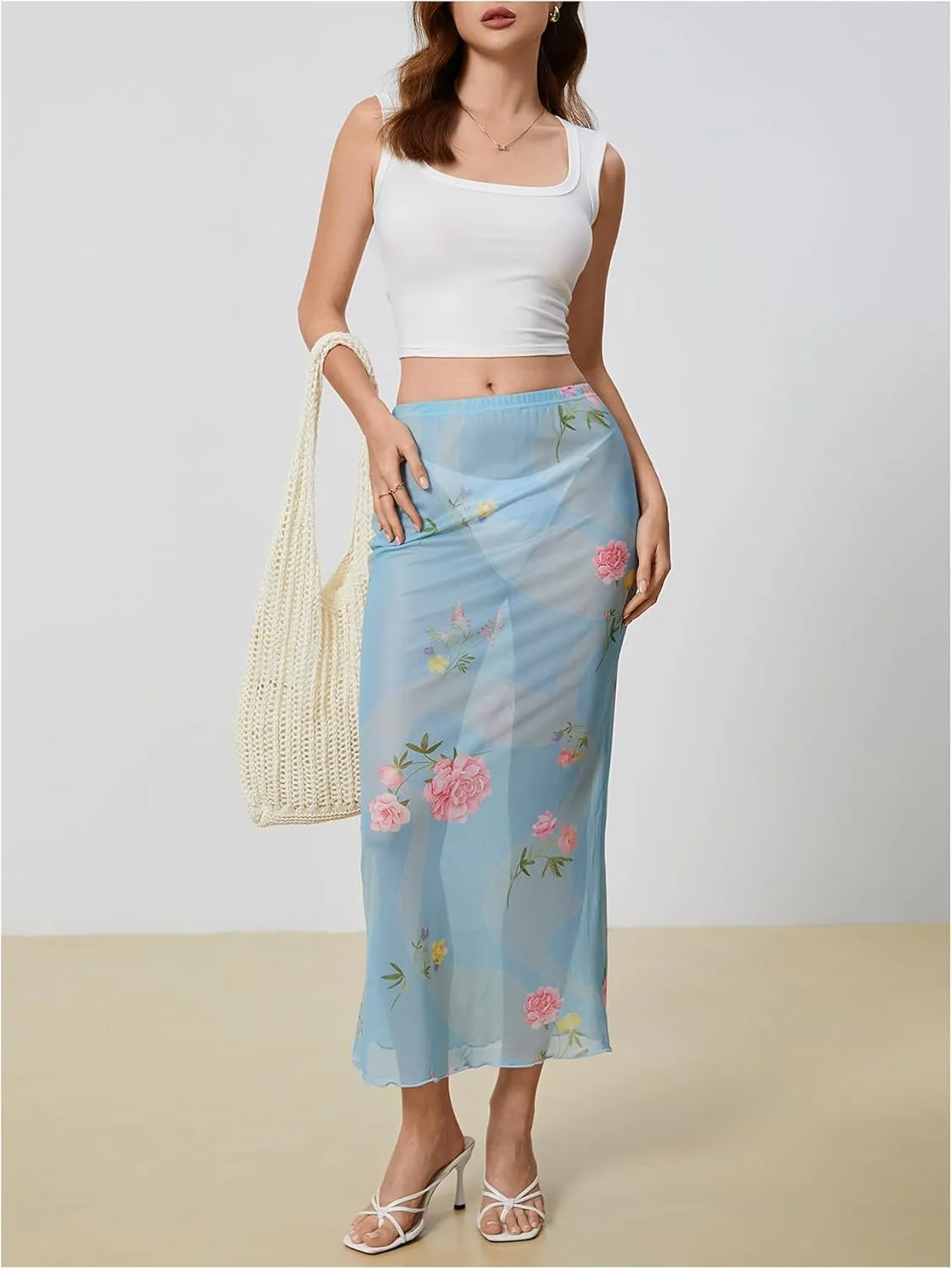 Verdusa Women's Floral Print See Through Vacation Sheer Skirt High Waist Maxi Skirt