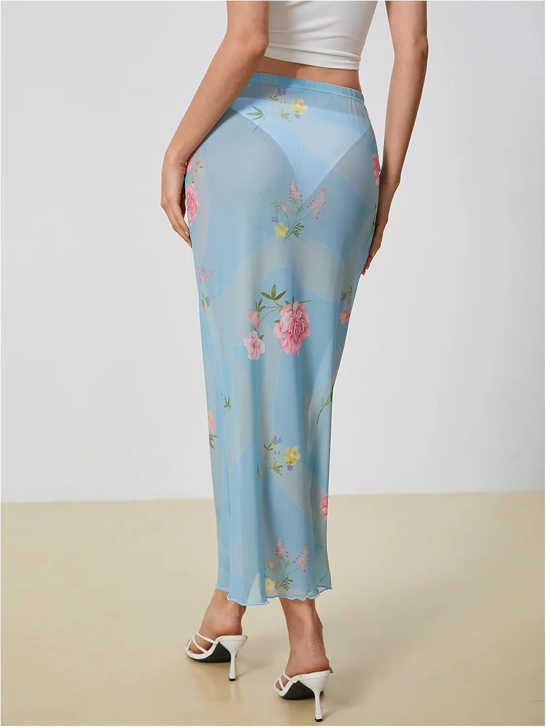 Verdusa Women's Floral Print See Through Vacation Sheer Skirt High Waist Maxi Skirt
