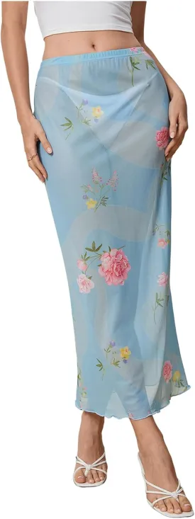 Verdusa Women's Floral Print See Through Vacation Sheer Skirt High Waist Maxi Skirt