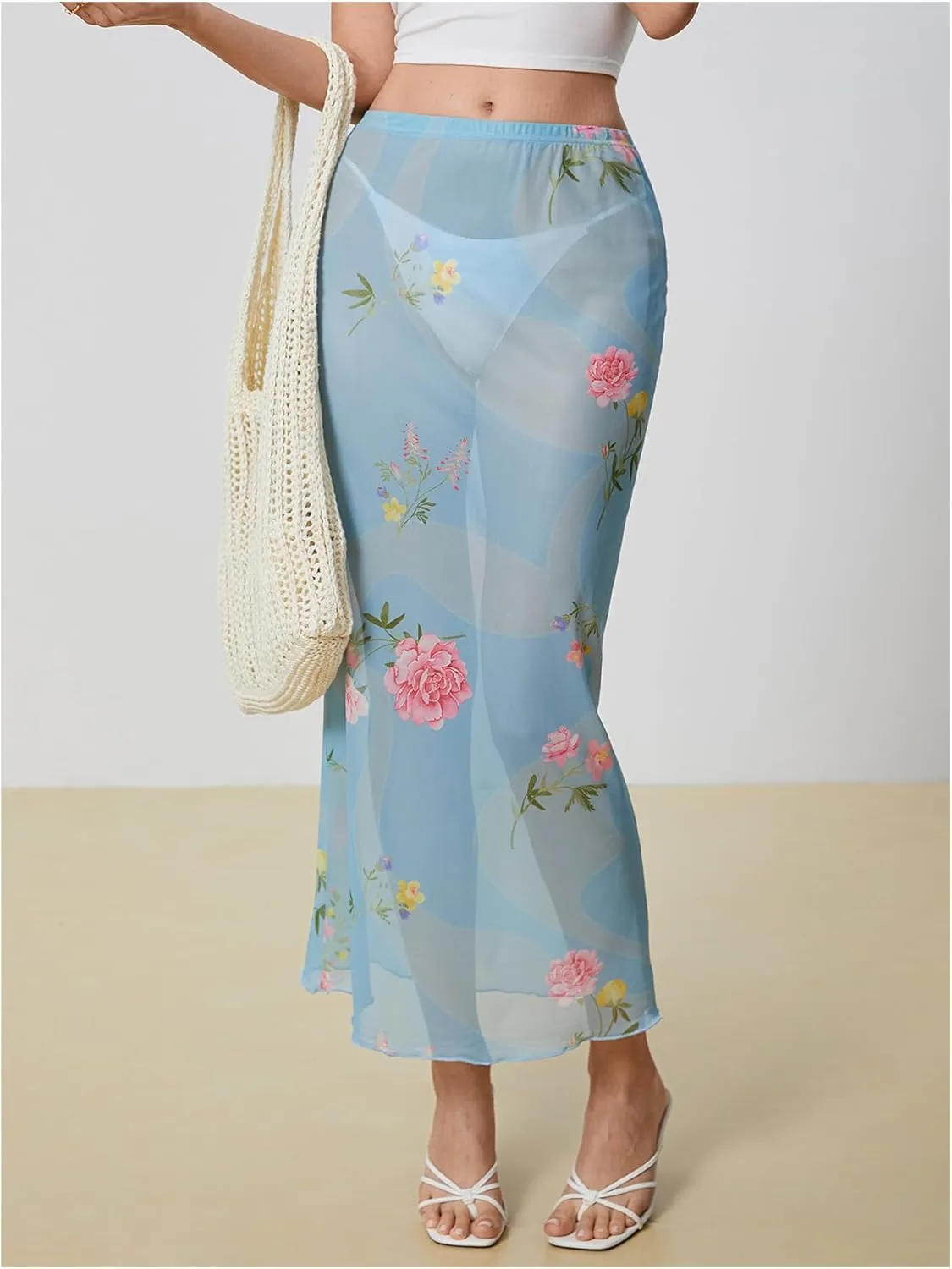 Verdusa Women's Floral Print See Through Vacation Sheer Skirt High Waist Maxi Skirt