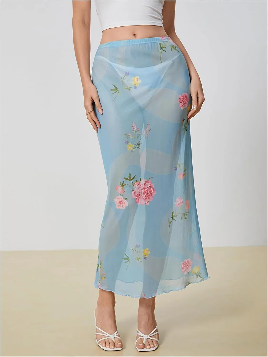Verdusa Women's Floral Print See Through Vacation Sheer Skirt High Waist Maxi Skirt