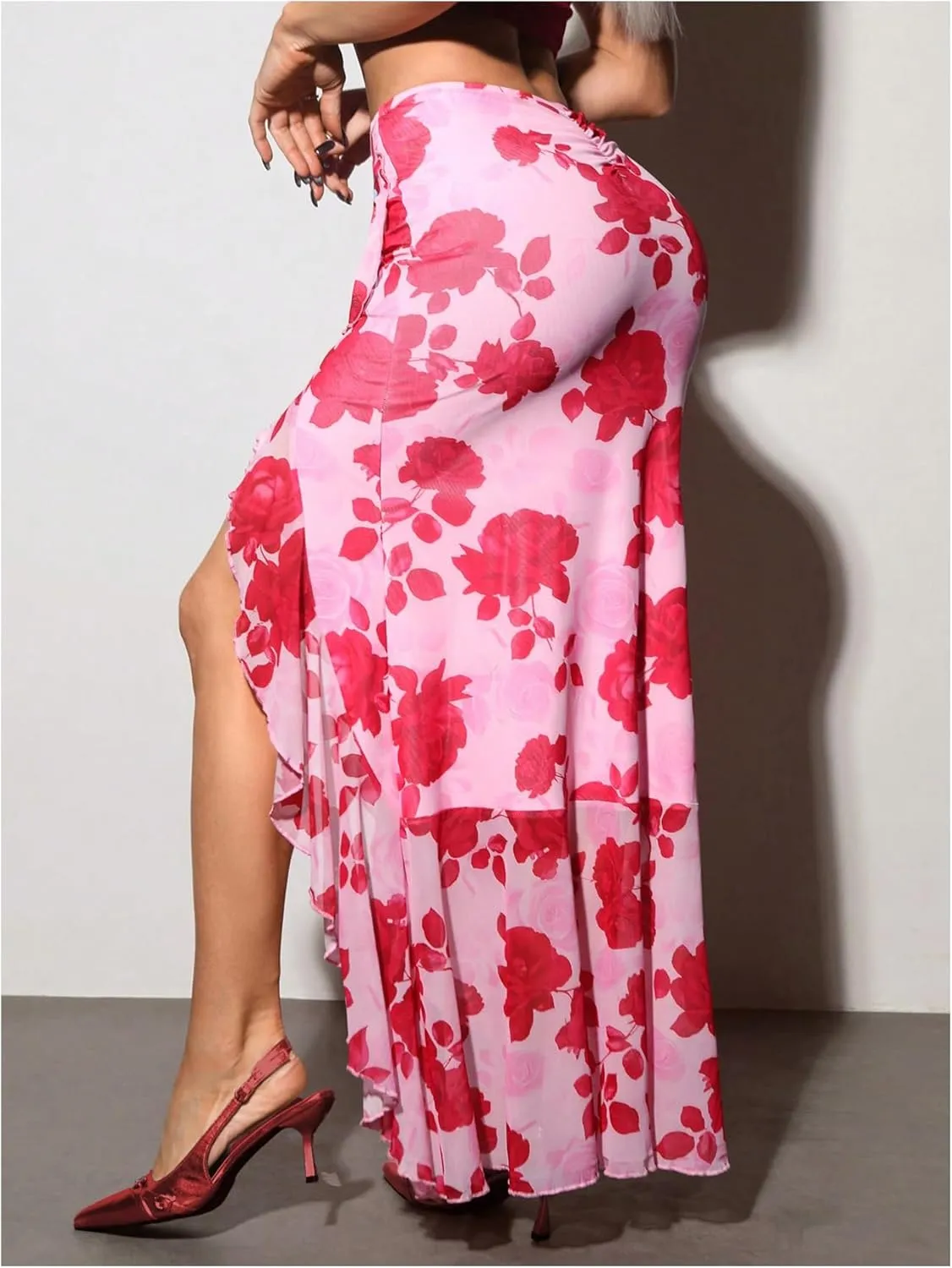 Verdusa Women's Floral Ruffle Maxi Skirt Thigh Slit Bodycon Vacation Summer Skirts