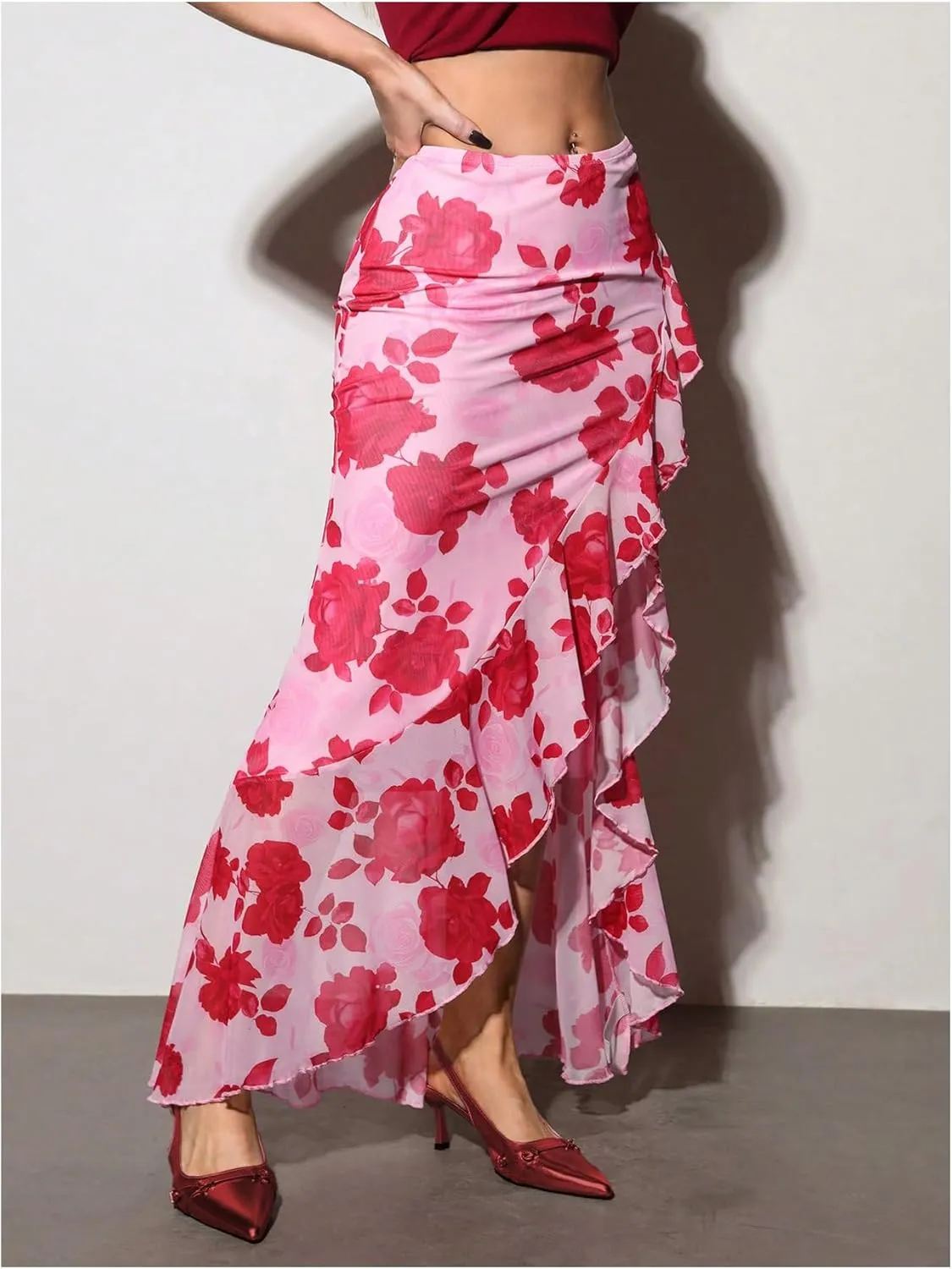 Verdusa Women's Floral Ruffle Maxi Skirt Thigh Slit Bodycon Vacation Summer Skirts