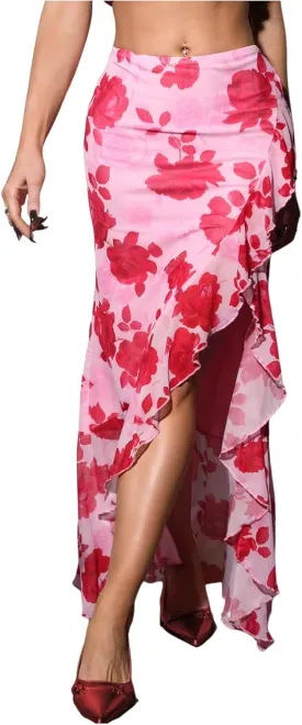 Verdusa Women's Floral Ruffle Maxi Skirt Thigh Slit Bodycon Vacation Summer Skirts