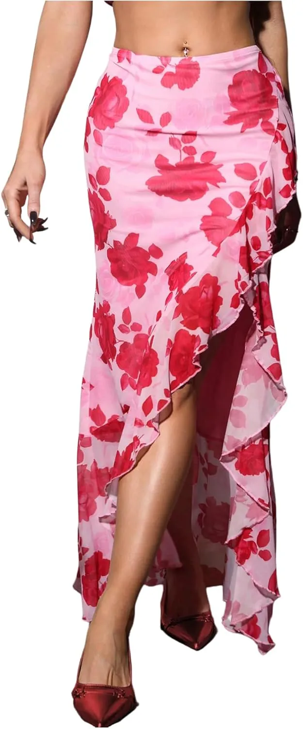 Verdusa Women's Floral Ruffle Maxi Skirt Thigh Slit Bodycon Vacation Summer Skirts