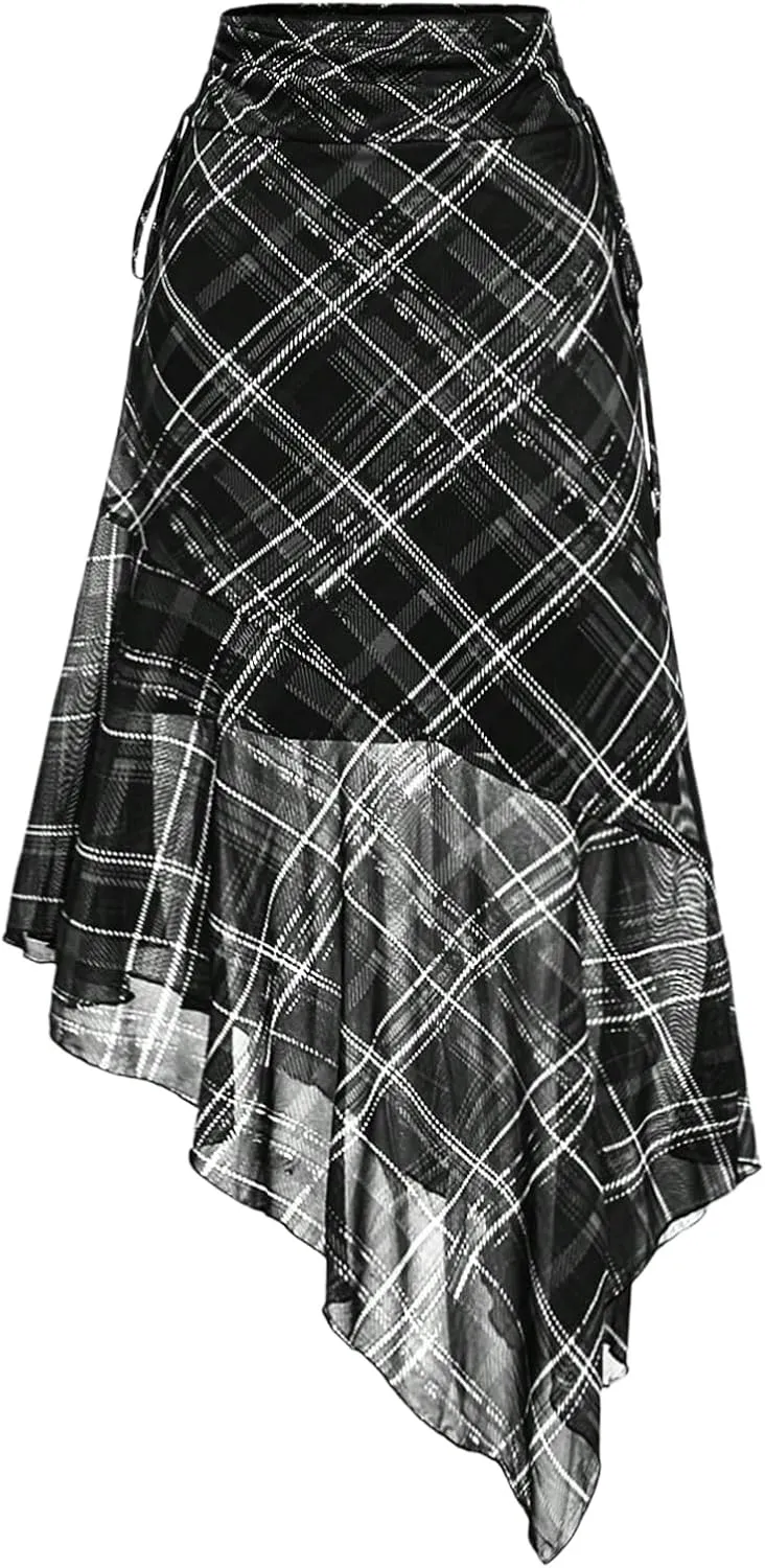 Verdusa Women's Y2K Vintage Plaid Skirt Asymmetrical Mesh Layered Flowy Skirt