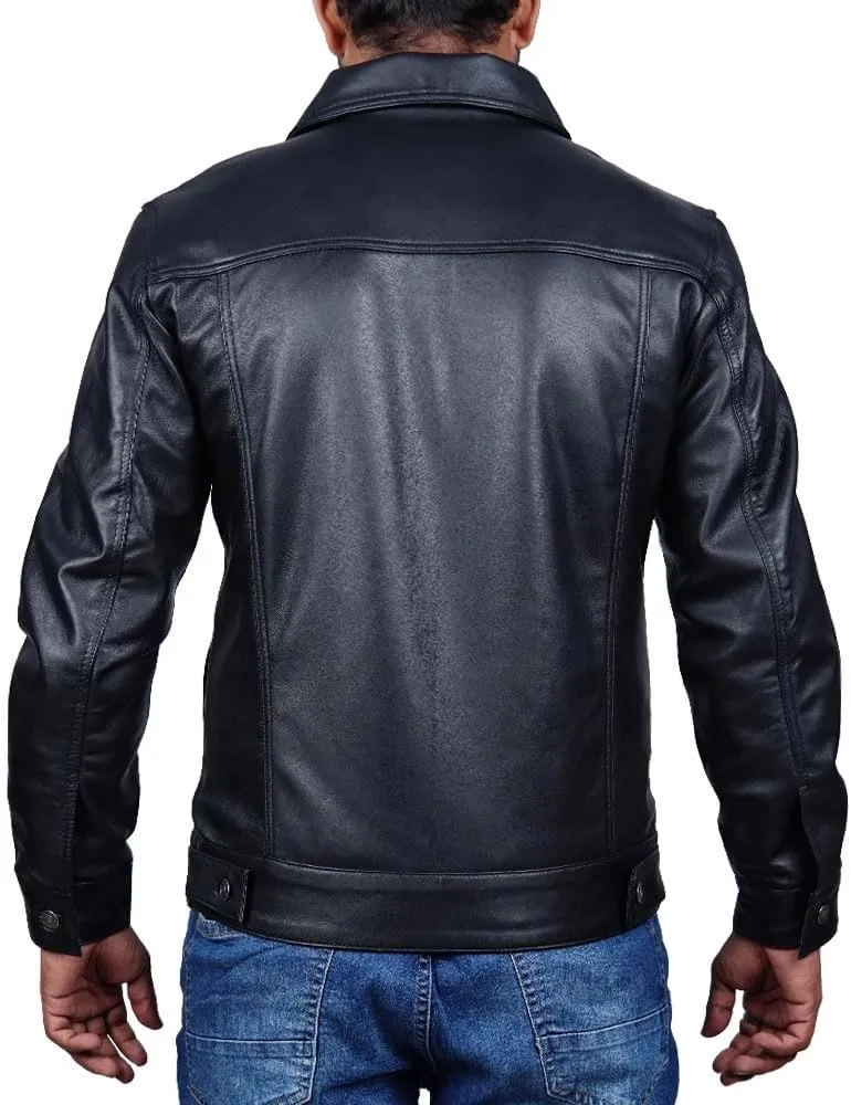 Vintage Style Trucker Leather Jacket Men Real Lambskin Vintage Trucker Shirt Collar Mens Leather Jackets