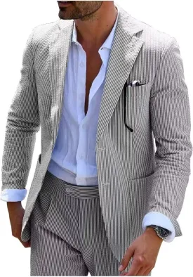 Wehilion Men 2 Pieces Seersucker Suit Casual 2 Button Slim Fit Striped Suits for Men Summer Wedding Prom Suit Jacket Pants