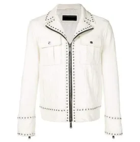 White Studded Leather Jacket Motorcycle Fashion Leather Jacket