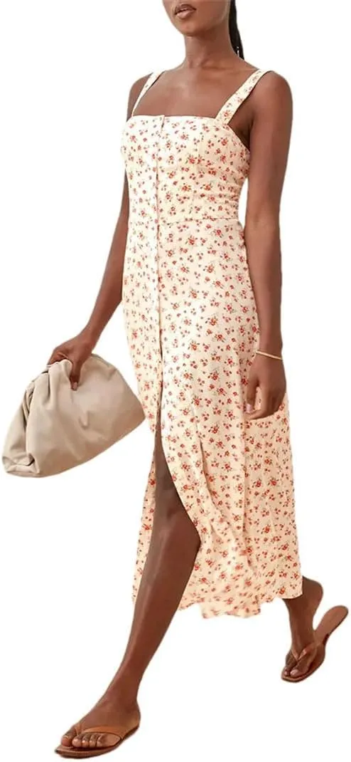 Women Square Neck Sleeveless Strap Floral Midi Dress Button Front High Slit Vacation Beach Dress
