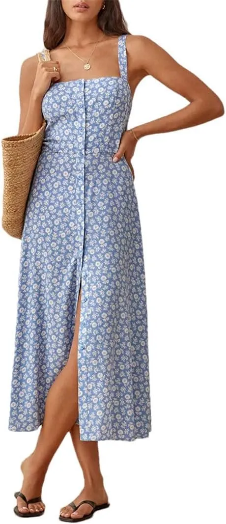 Women Square Neck Sleeveless Strap Floral Midi Dress Button Front High Slit Vacation Beach Dress