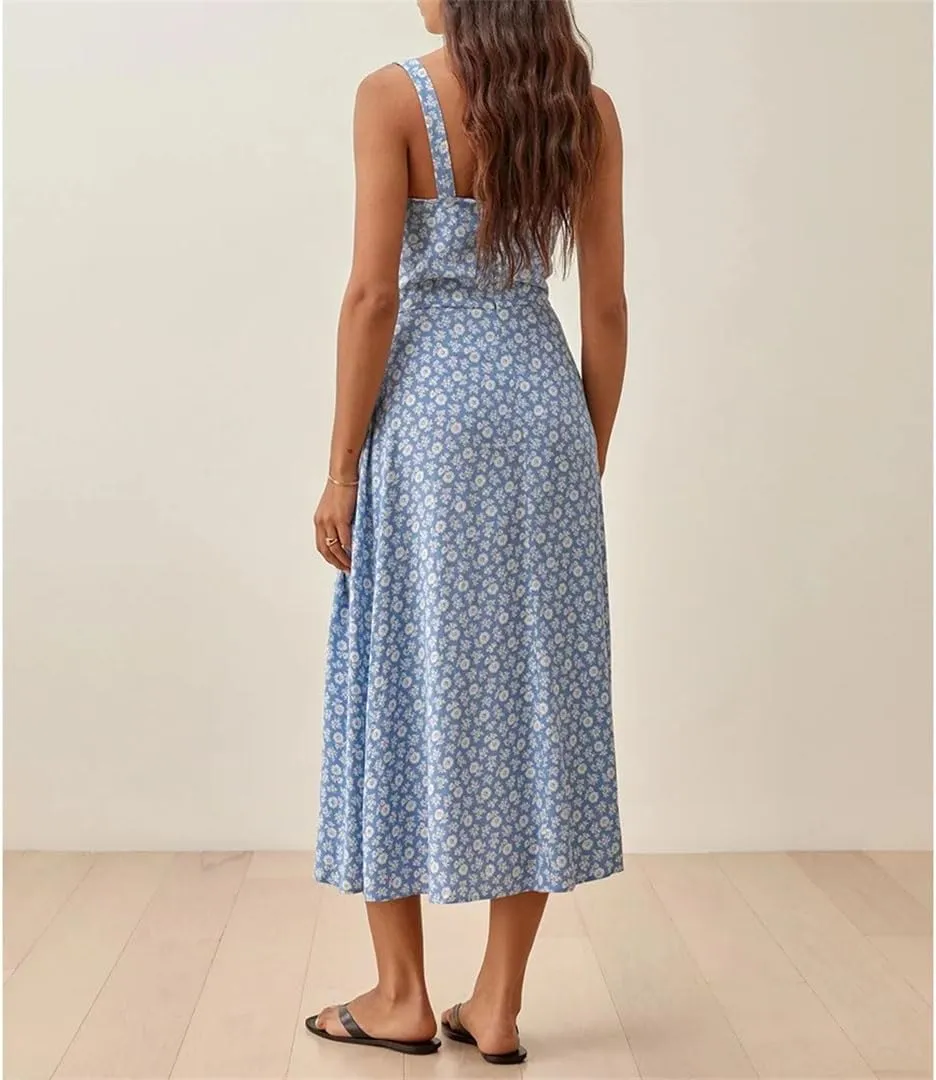 Women Square Neck Sleeveless Strap Floral Midi Dress Button Front High Slit Vacation Beach Dress