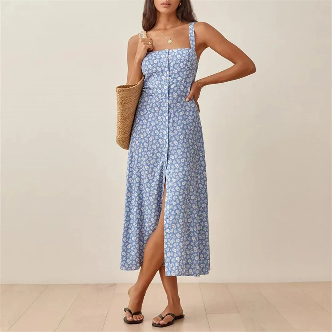 Women Square Neck Sleeveless Strap Floral Midi Dress Button Front High Slit Vacation Beach Dress