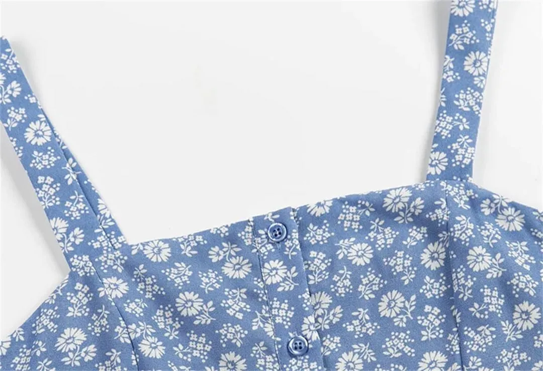 Women Square Neck Sleeveless Strap Floral Midi Dress Button Front High Slit Vacation Beach Dress