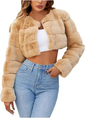 Women's 2024 Winter Coats Fleece Cropped Jacket Faux Fur Long Sleeve Cardigan Shaggy Warm Outerwear Fall Y2K Clothes