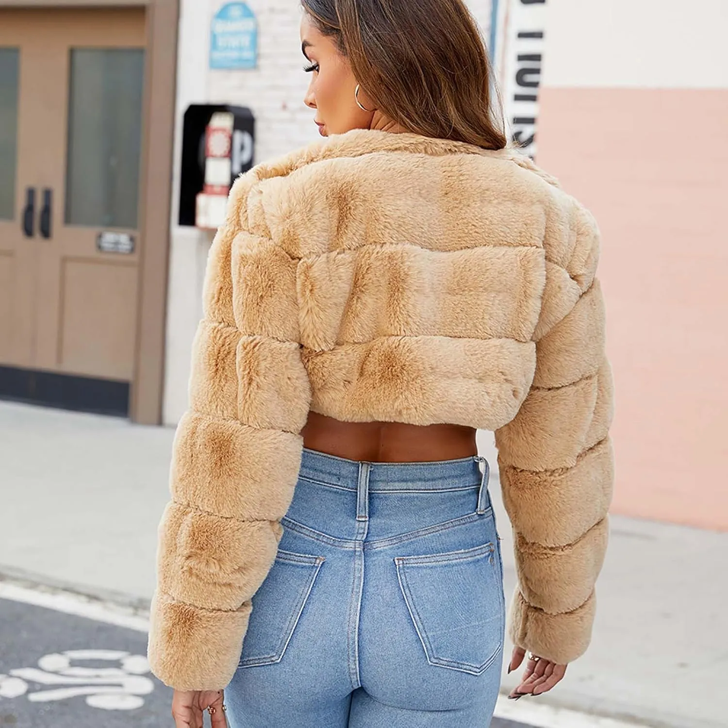 Women's 2024 Winter Coats Fleece Cropped Jacket Faux Fur Long Sleeve Cardigan Shaggy Warm Outerwear Fall Y2K Clothes