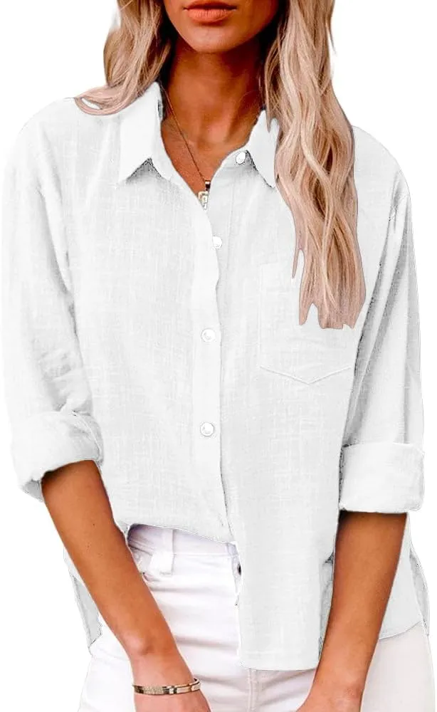 Womens Button Down Shirts Long Sleeve Dress Linen Shirts Casual Collared Cotton Button Up Blouses Oversized Tops with Pockets