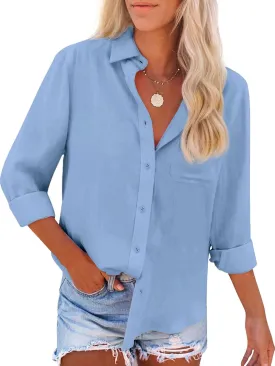 Womens Button Down Shirts Long Sleeve Dress Linen Shirts Casual Collared Cotton Button Up Blouses Oversized Tops with Pockets