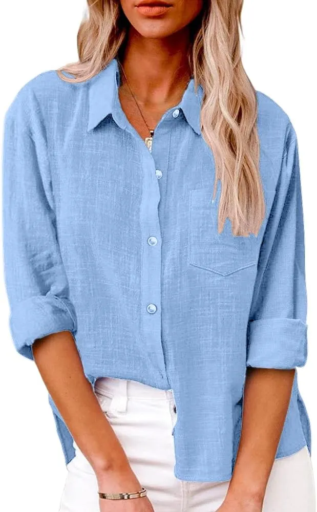 Womens Button Down Shirts Long Sleeve Dress Linen Shirts Casual Collared Cotton Button Up Blouses Oversized Tops with Pockets