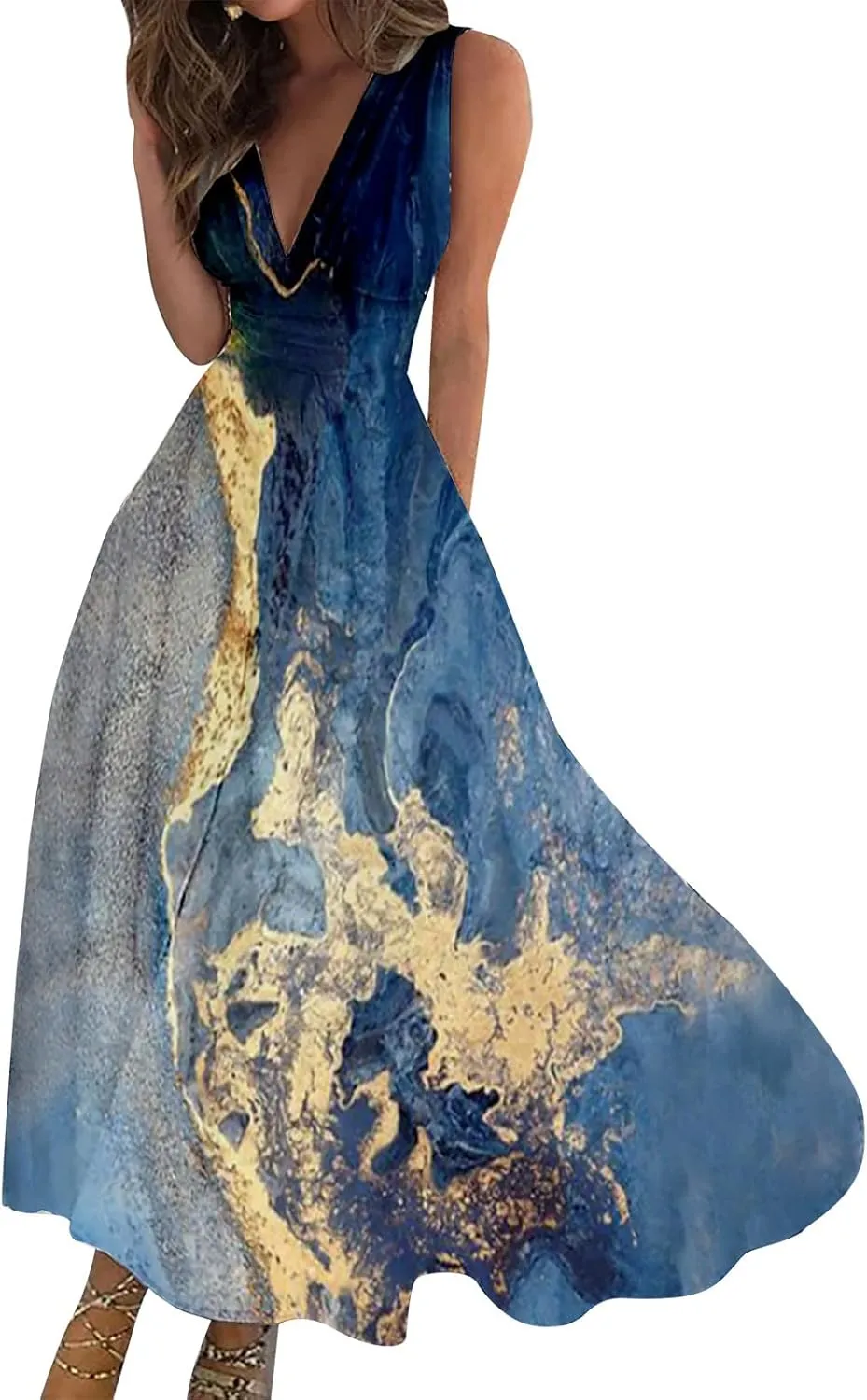 Womens Dresses Floral Print Wrap V Neck Sundresses Flowy Ruched Sleeveless Boho Dress Spring Beach Dress