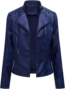 Women's Faux Leather Motorcycle Jacket Casual Fashion Lapel Zip Up Solid Color PU Cropped Biker Coat with Pockets