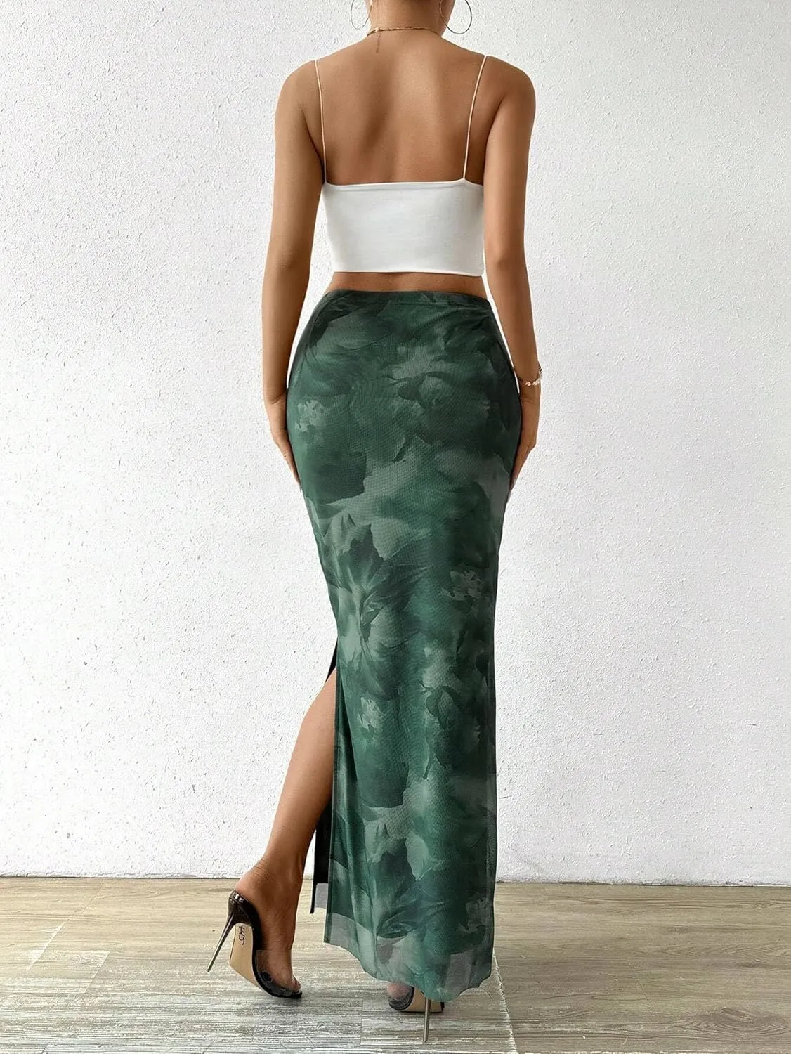 Women's Floral Midi Skirt Mesh Slit Split Long Summer Maxi Skirts Women Outfit