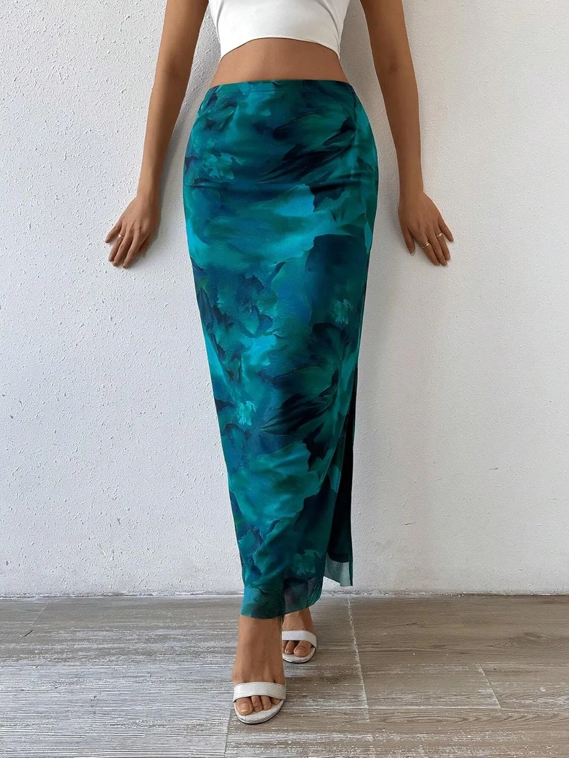 Women's Floral Midi Skirt Mesh Slit Split Long Summer Maxi Skirts Women Outfit