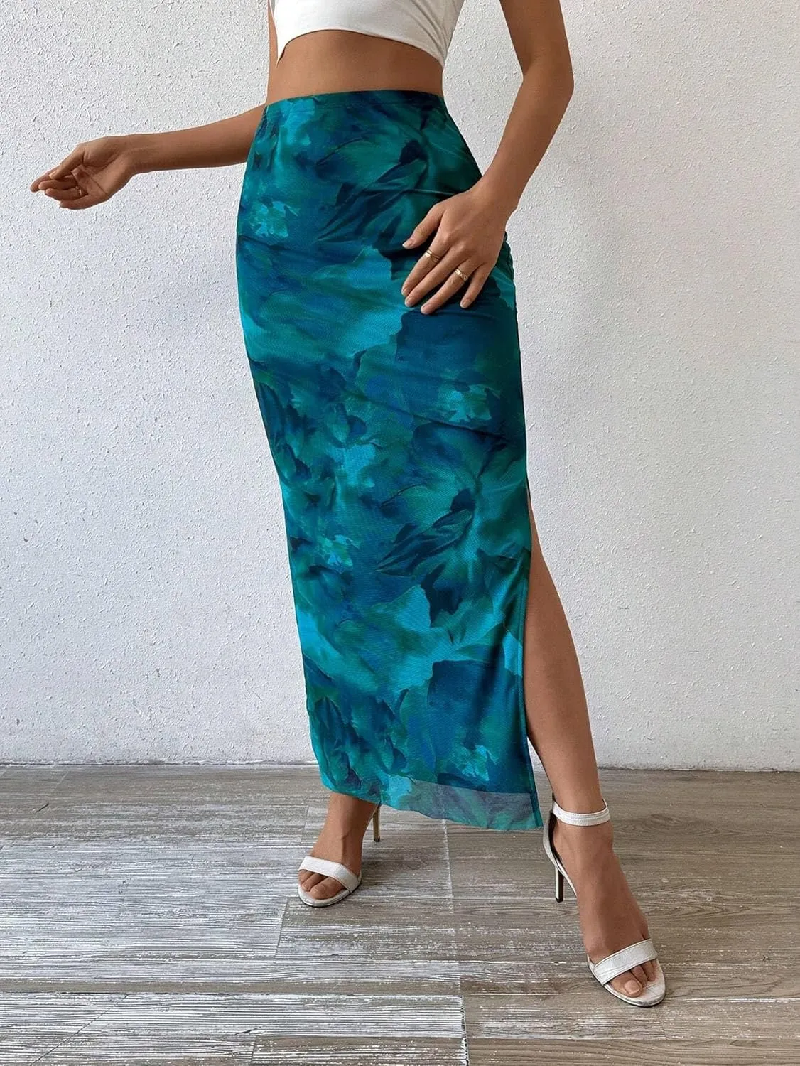 Women's Floral Midi Skirt Mesh Slit Split Long Summer Maxi Skirts Women Outfit