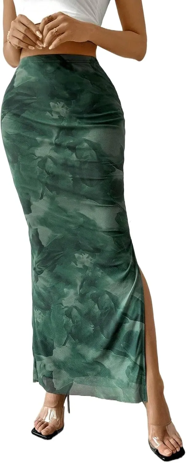 Women's Floral Midi Skirt Mesh Slit Split Long Summer Maxi Skirts Women Outfit
