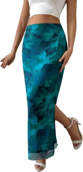 Women's Floral Midi Skirt Mesh Slit Split Long Summer Maxi Skirts Women Outfit