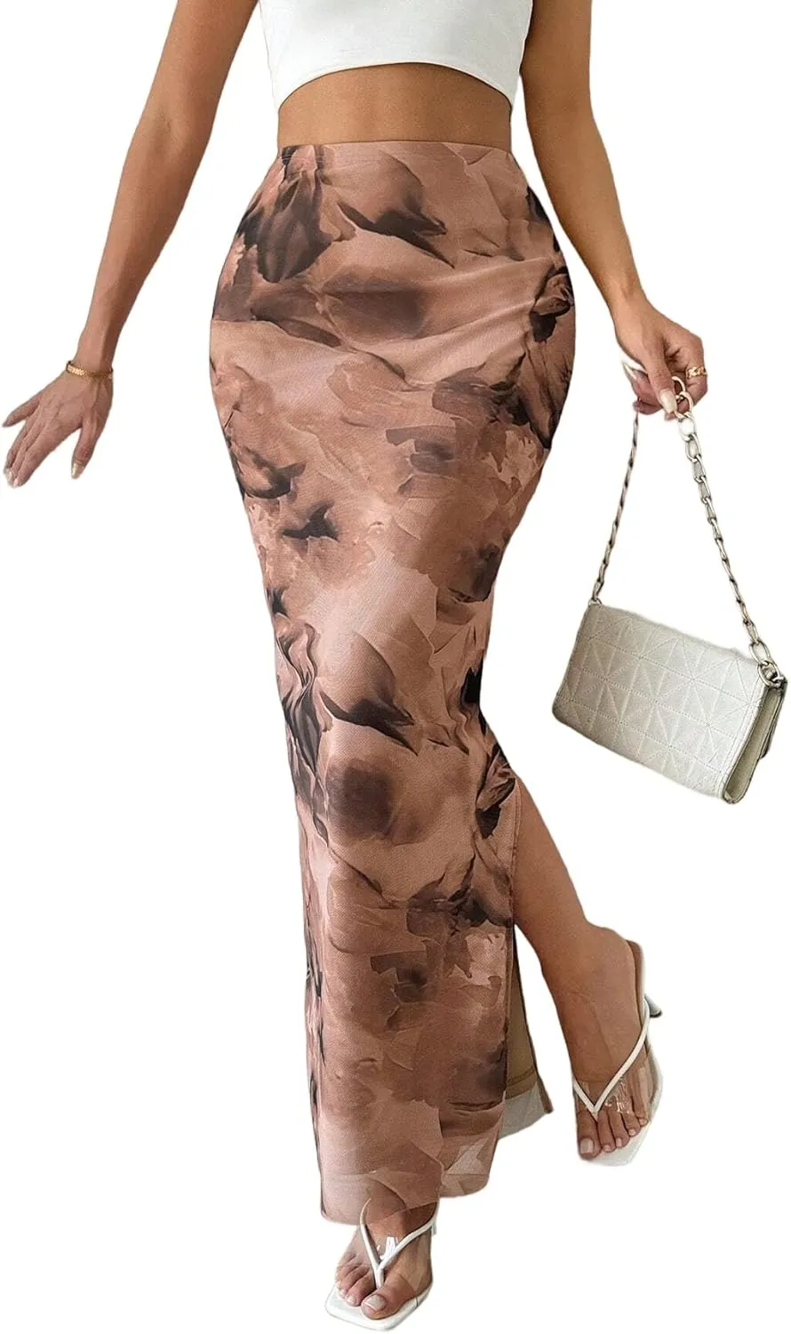 Women's Floral Midi Skirt Mesh Slit Split Long Summer Maxi Skirts Women Outfit
