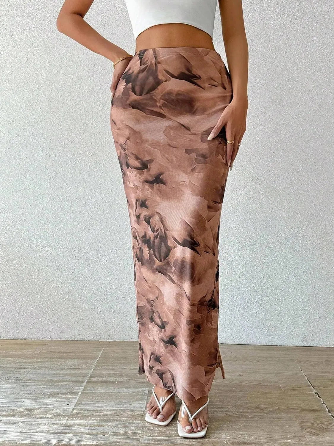 Women's Floral Midi Skirt Mesh Slit Split Long Summer Maxi Skirts Women Outfit
