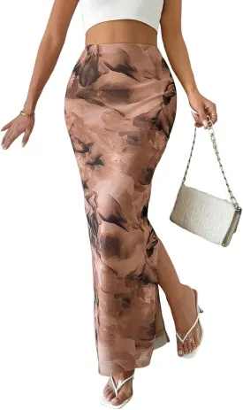 Women's Floral Midi Skirt Mesh Slit Split Long Summer Maxi Skirts Women Outfit