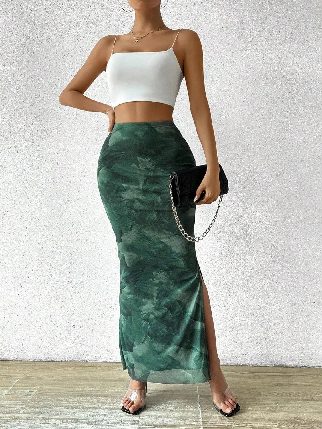 Women's Floral Midi Skirt Mesh Slit Split Long Summer Maxi Skirts Women Outfit
